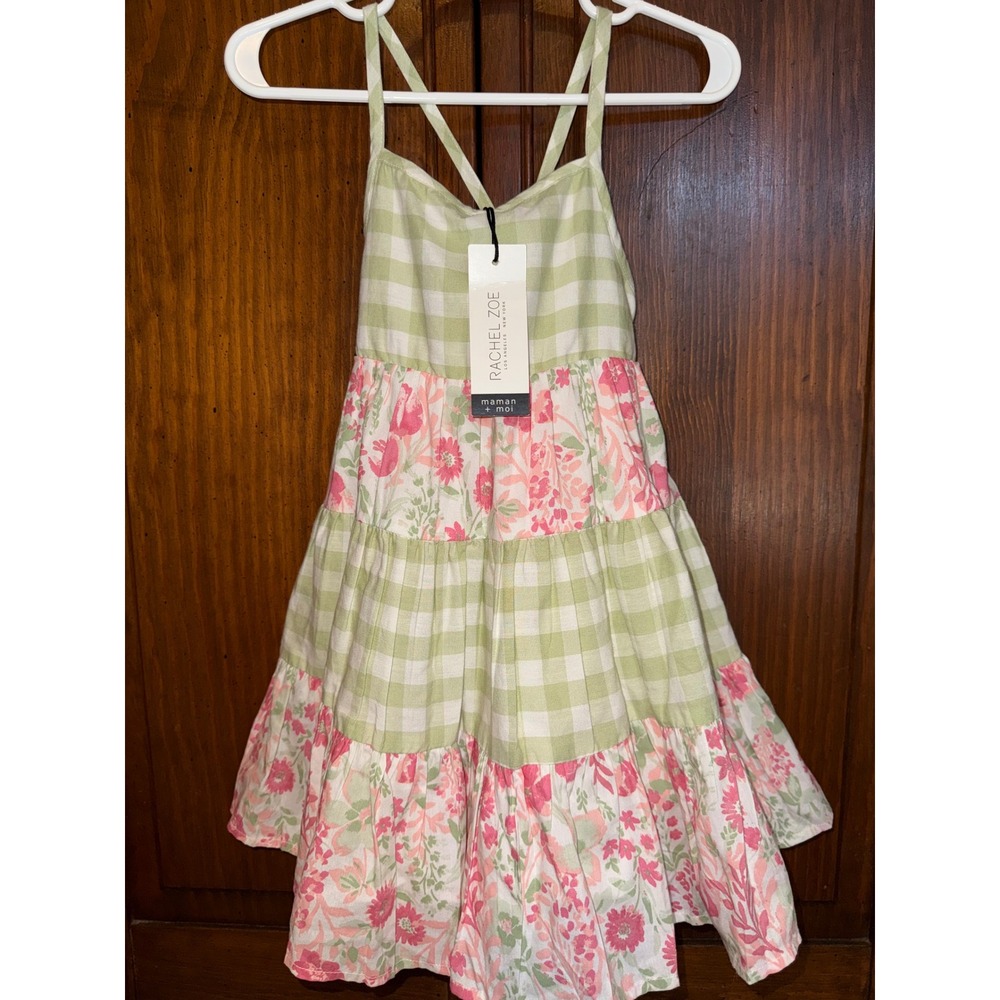 Rachel Zoe Kids 2T Gingham Floral Tiered Sundress Green Pink Maman + Moi NWT